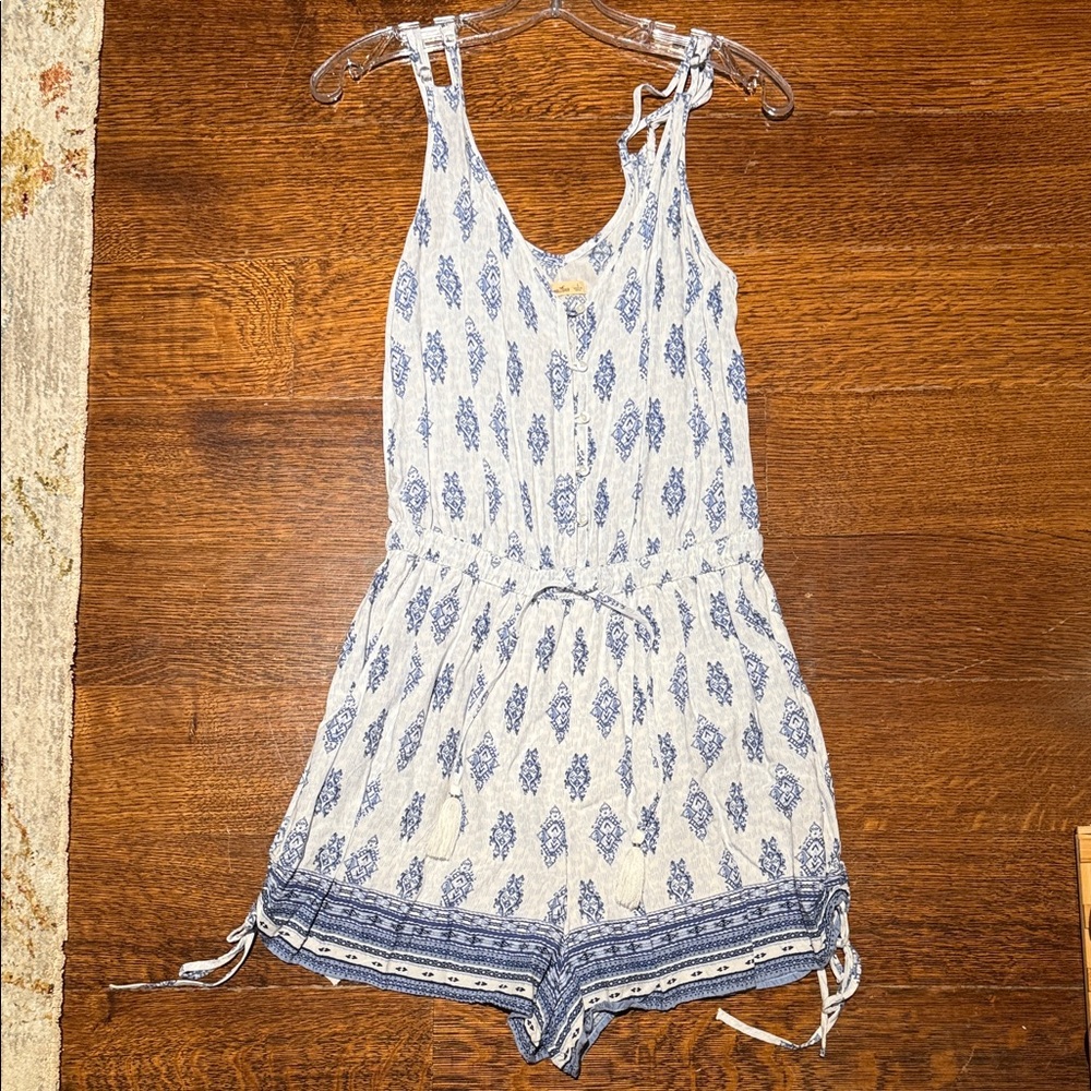 Hollister Blue and White Patterned Romper with Pockets